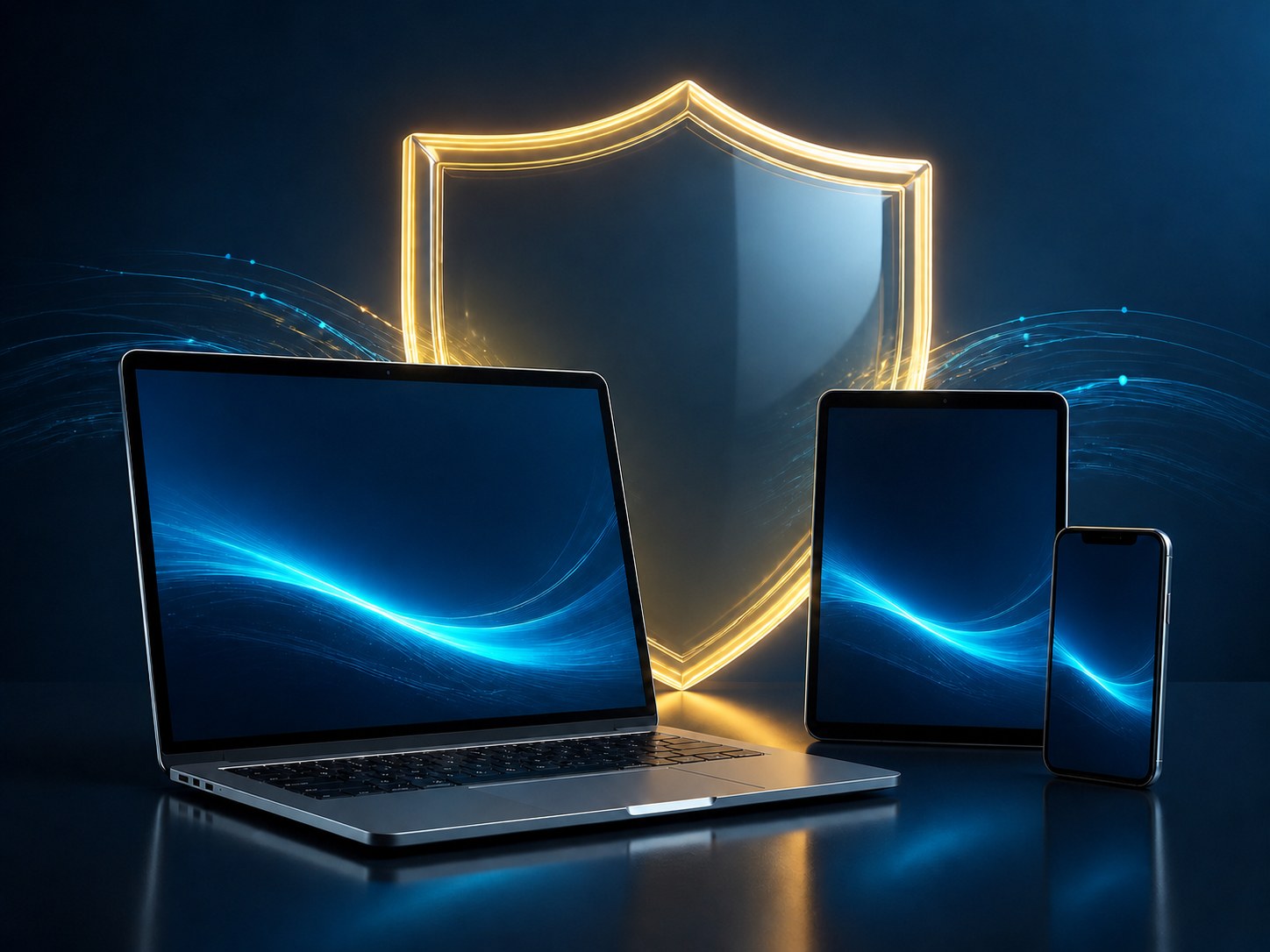 Unbranded laptop, tablet and phone protected by an illuminated cybersecurity shield