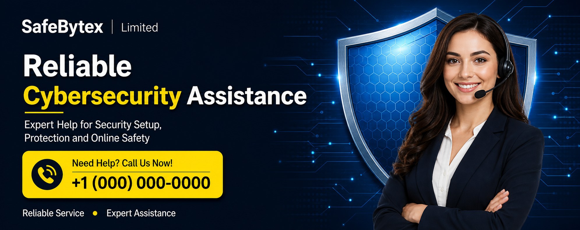 SafeBytex cybersecurity assistance with a support representative, shield, and telephone call to action